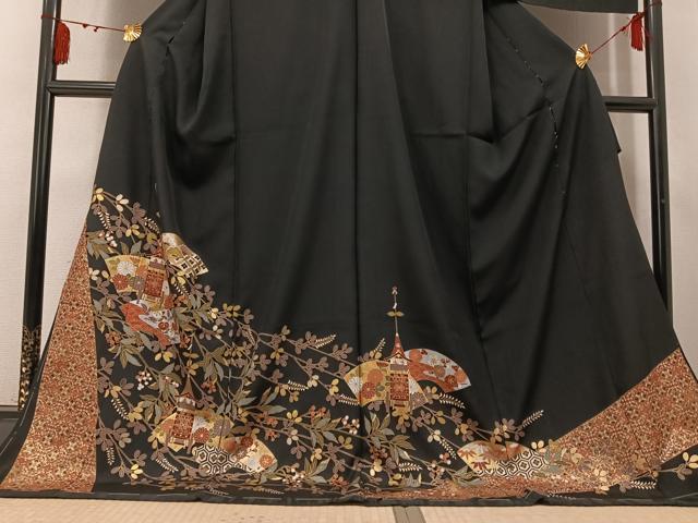 平和屋着物●豪華黒留袖 地紙草花文 山車 仮絵羽 正絹 逸品 未使用 AABM6316ph