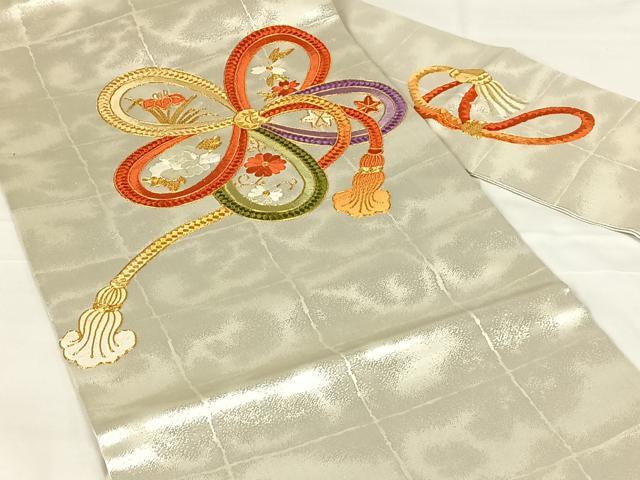 平和屋着物◎九寸名古屋帯 駒刺繍 結び紐花文 銀糸 正絹 逸品 AABM6442dk
