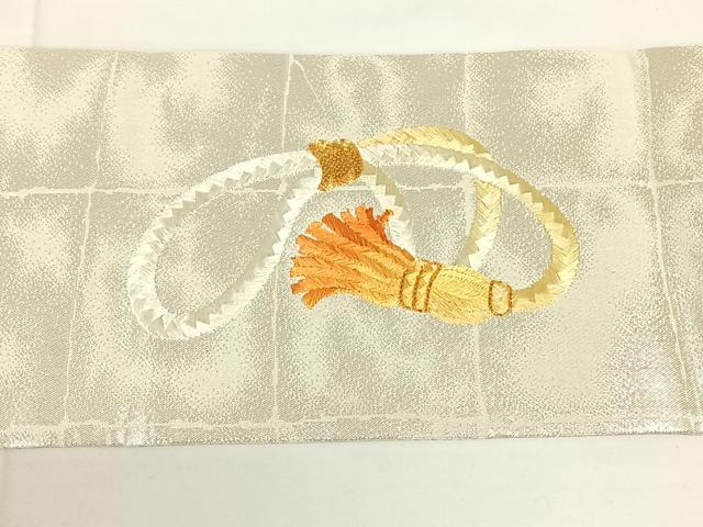 平和屋着物◎九寸名古屋帯 駒刺繍 結び紐花文 銀糸 正絹 逸品 AABM6442dk