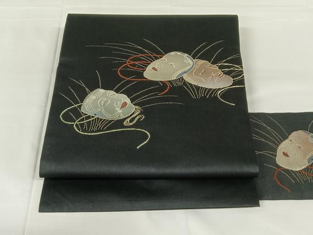 平和屋着物◎九寸名古屋帯 能面 黒地 金糸 正絹 逸品 AABM6443dk