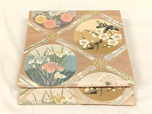 平和屋着物◎六通柄袋帯 唐織 九百錦 扇菱四君子文 正絹 逸品 AABM6448dk