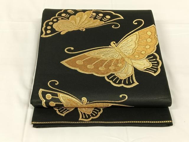 平和屋着物◎六通柄袋帯 舞蝶文 黒地 金糸 正絹 逸品 AABM6451dk