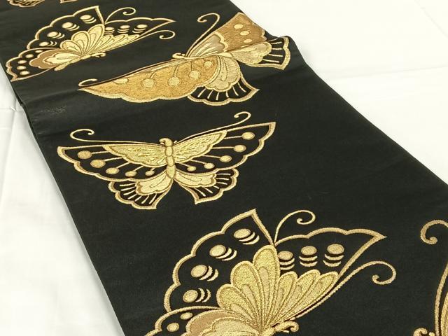 平和屋着物◎六通柄袋帯 舞蝶文 黒地 金糸 正絹 逸品 AABM6451dk