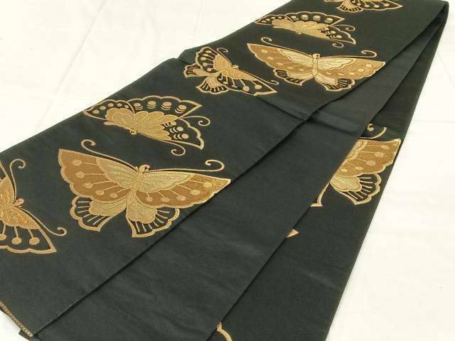 平和屋着物◎六通柄袋帯 舞蝶文 黒地 金糸 正絹 逸品 AABM6451dk