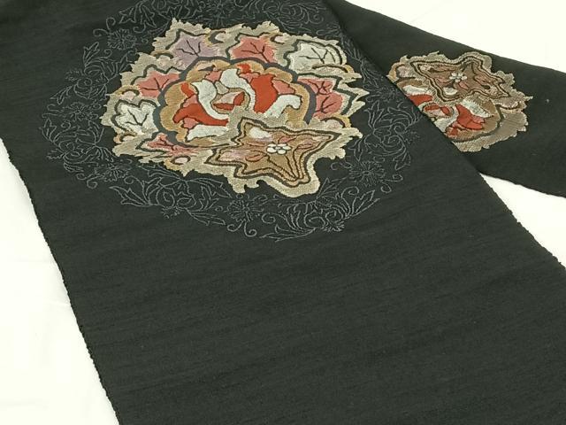 平和屋着物◎八寸名古屋帯 紬地 更紗花文 黒地 正絹 逸品 AABM6463dk