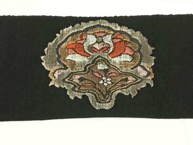 平和屋着物◎八寸名古屋帯 紬地 更紗花文 黒地 正絹 逸品 AABM6463dk