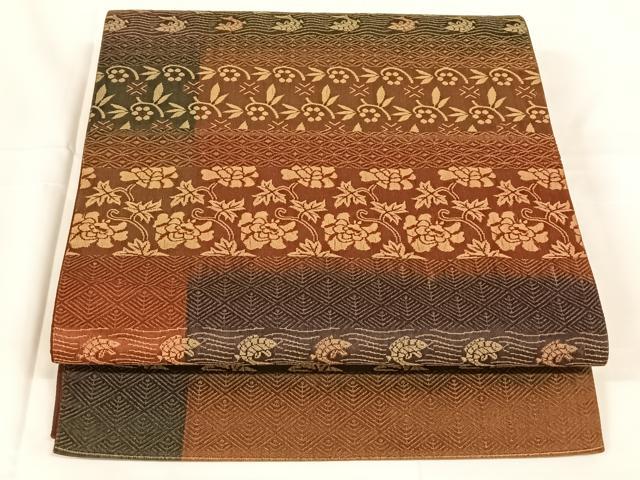 平和屋着物◎全通柄袋帯 ふくれ織 横段花唐草文 金糸 正絹 逸品 AABM6480dk