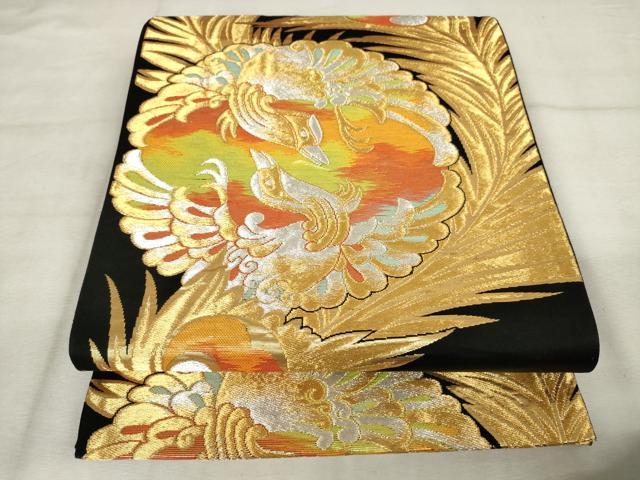 平和屋着物◎六通柄袋帯 鳳凰孔雀羽文 黒地 金銀糸 正絹 逸品 AABM6481od