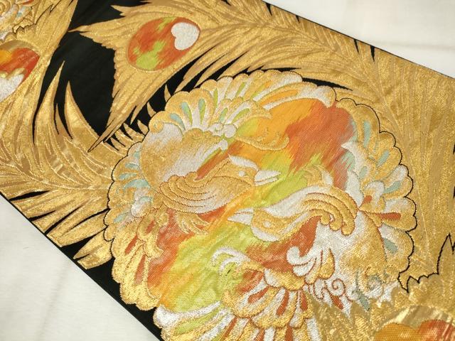 平和屋着物◎六通柄袋帯 鳳凰孔雀羽文 黒地 金銀糸 正絹 逸品 AABM6481od