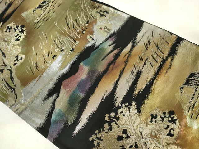 平和屋着物◎六通柄袋帯 風景文 黒地 金銀糸 正絹 逸品 AABM6488od