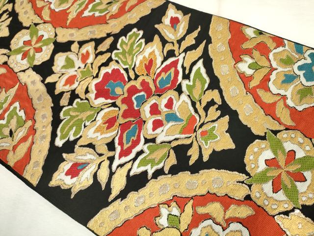 平和屋着物◎六通柄 本袋帯 唐織 草花文 金糸 正絹 逸品 AABM6518od