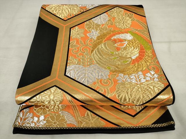 平和屋着物◎六通柄袋帯 鳳凰花亀甲文 黒地 金銀糸 正絹 逸品 AABM6524od