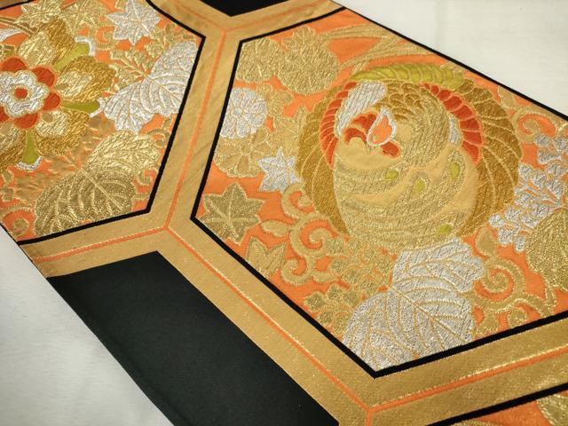 平和屋着物◎六通柄袋帯 鳳凰花亀甲文 黒地 金銀糸 正絹 逸品 AABM6524od