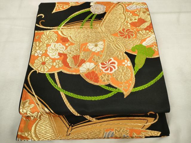 平和屋着物◎六通柄袋帯 唐織 花蝶文 黒地 金銀糸 正絹 逸品 AABM6531od