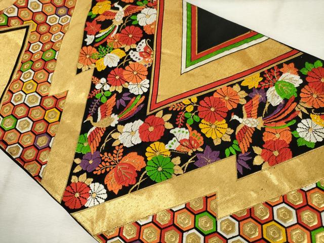 平和屋着物◎六通柄袋帯 唐織 松皮菱鳳凰花文 黒地 金糸 正絹 逸品 AABM6542od