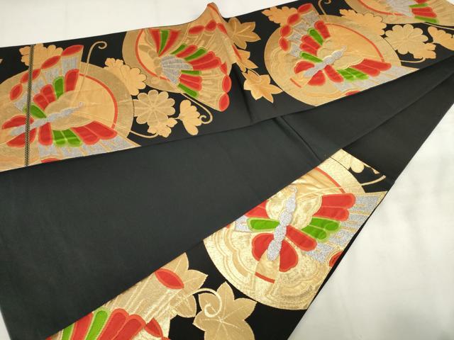 平和屋着物◎六通柄袋帯 唐織 花蝶丸文 黒地 金銀糸 正絹 逸品 AABM6558od