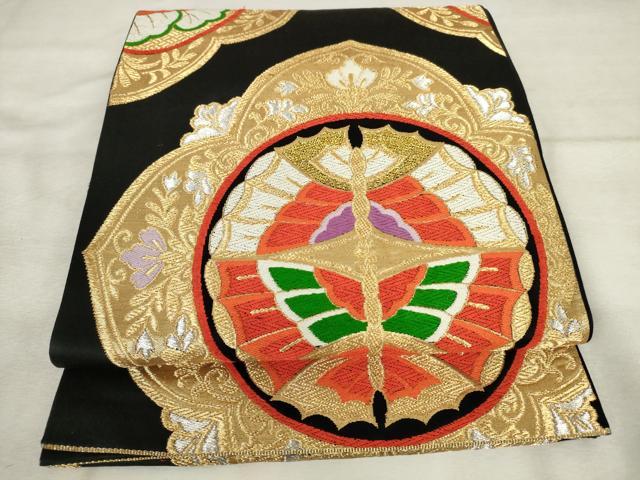平和屋着物◎六通柄袋帯 唐織 花蝶文 黒地 金銀糸 正絹 逸品 AABM6559od