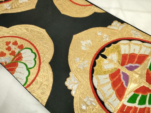 平和屋着物◎六通柄袋帯 唐織 花蝶文 黒地 金銀糸 正絹 逸品 AABM6559od