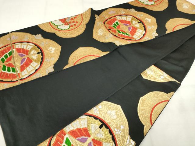 平和屋着物◎六通柄袋帯 唐織 花蝶文 黒地 金銀糸 正絹 逸品 AABM6559od