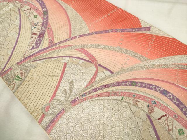 平和屋着物◎六通柄袋帯 束ね熨斗吉祥文 銀糸 正絹 逸品 AABM6565od