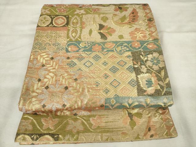 平和屋着物◎佐賀錦 六通柄袋帯 ふくれ織 花鳥文 金銀糸 正絹 逸品 AABM6572od