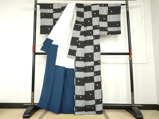 平和屋着物●上質な小紋 杢目絞り 市松に成り物 正絹 逸品 未使用 AABM6599cs