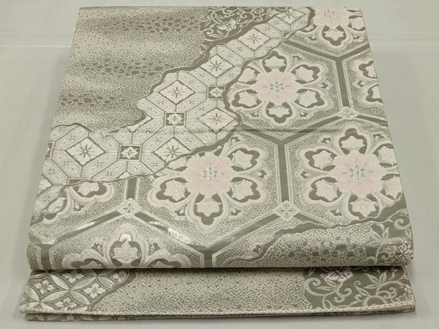 平和屋着物◎六通柄袋帯 唐織 亀甲花文 銀糸 正絹 逸品 AABM6602ou