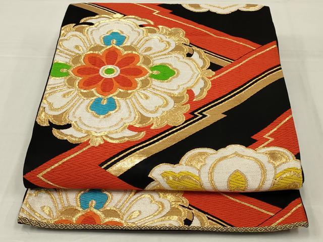 平和屋着物◎六通柄袋帯 唐織 正倉院花文 黒地 金糸 正絹 逸品 AABM6606ou