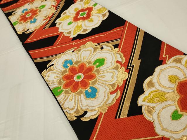 平和屋着物◎六通柄袋帯 唐織 正倉院花文 黒地 金糸 正絹 逸品 AABM6606ou