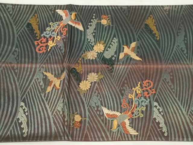 平和屋着物◎太鼓柄袋帯 刺繍 立波花鳥文 金糸 正絹 逸品 AABM6609ou