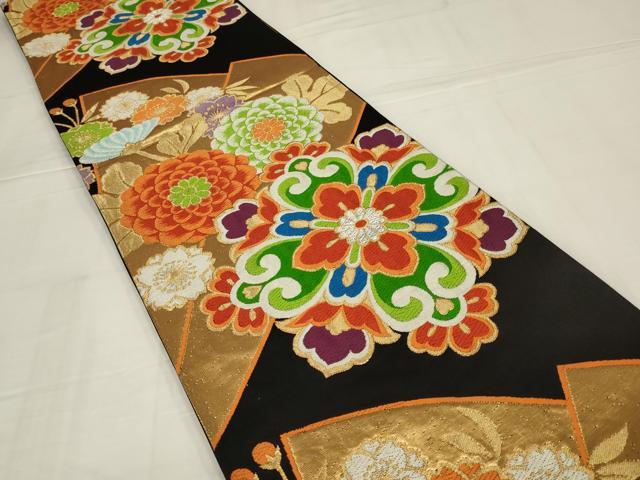 平和屋着物◎六通柄袋帯 唐織 正倉院花文 黒地 金銀糸 正絹 逸品 AABM6617ou