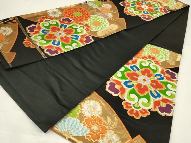 平和屋着物◎六通柄袋帯 唐織 正倉院花文 黒地 金銀糸 正絹 逸品 AABM6617ou