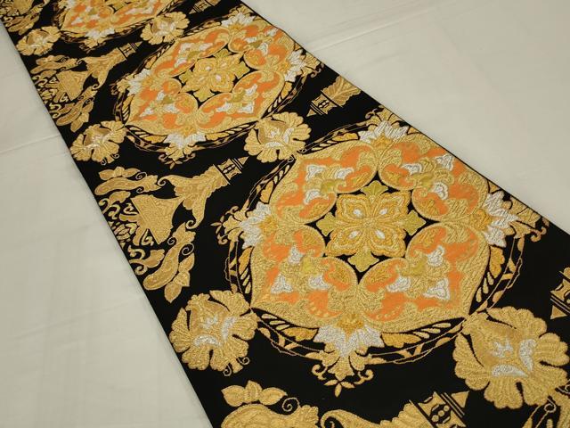 平和屋着物◎六通柄袋帯 更紗花文 黒地 金銀糸 正絹 逸品 AABM6618ou