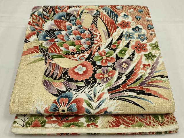 平和屋着物◎六通柄袋帯 唐織 孔雀花文 金糸 正絹 逸品 AABM6640ou