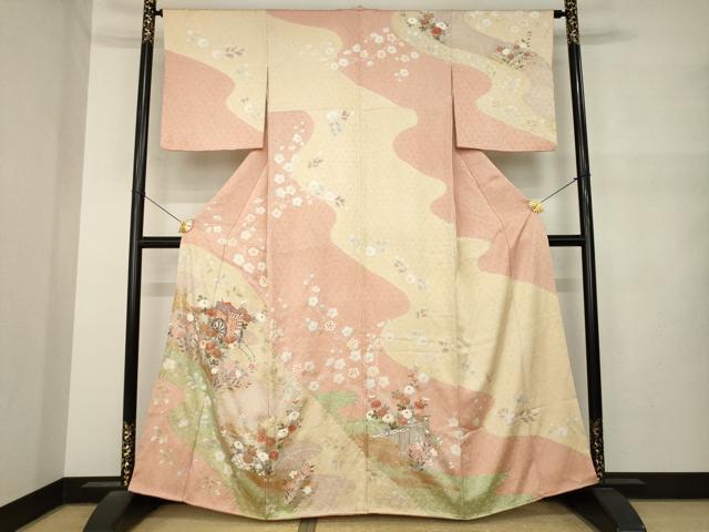 平和屋着物●訪問着 絞り 御所車花文 正絹 逸品 AABM6643ck