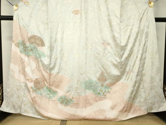 平和屋着物●中国三大刺繍 汕頭刺繍 スワトウ刺繍 訪問着 絞り 扇面花鳥文 金彩 ますいわ屋扱い 正絹 逸品 AABM6650ck