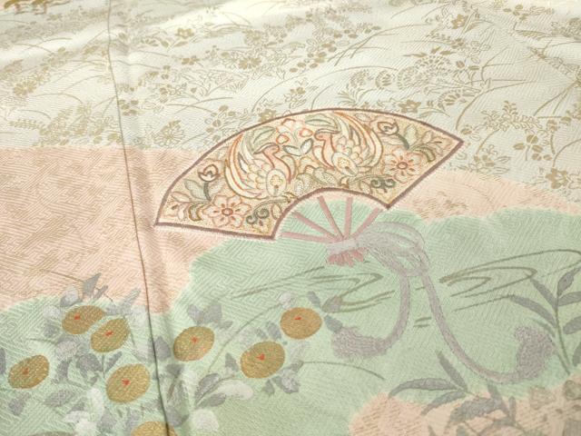 平和屋着物●中国三大刺繍 汕頭刺繍 スワトウ刺繍 訪問着 絞り 扇面花鳥文 金彩 ますいわ屋扱い 正絹 逸品 AABM6650ck