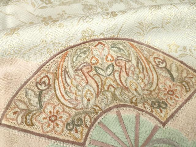 平和屋着物●中国三大刺繍 汕頭刺繍 スワトウ刺繍 訪問着 絞り 扇面花鳥文 金彩 ますいわ屋扱い 正絹 逸品 AABM6650ck