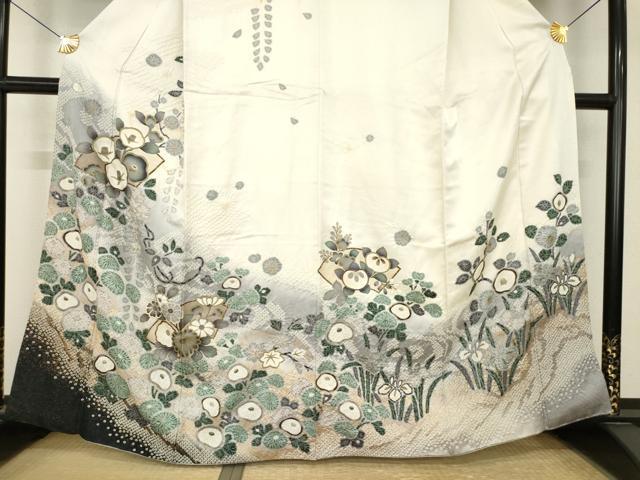 平和屋着物●訪問着 絞り 地紙花文 暈し染め 金彩 銀通し地 正絹 逸品 AABM6666ck