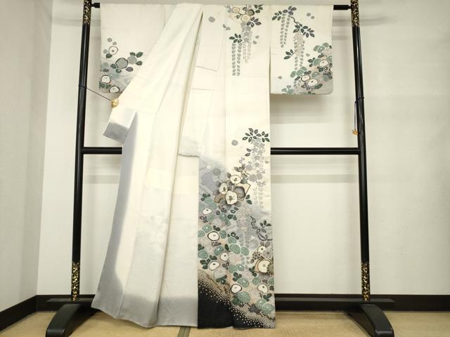平和屋着物●訪問着 絞り 地紙花文 暈し染め 金彩 銀通し地 正絹 逸品 AABM6666ck