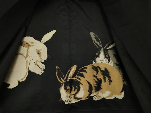 平和屋着物●男性 長羽織 羽裏:うさぎ 黒地 キングサイズ 正絹 逸品 AABM6669ck