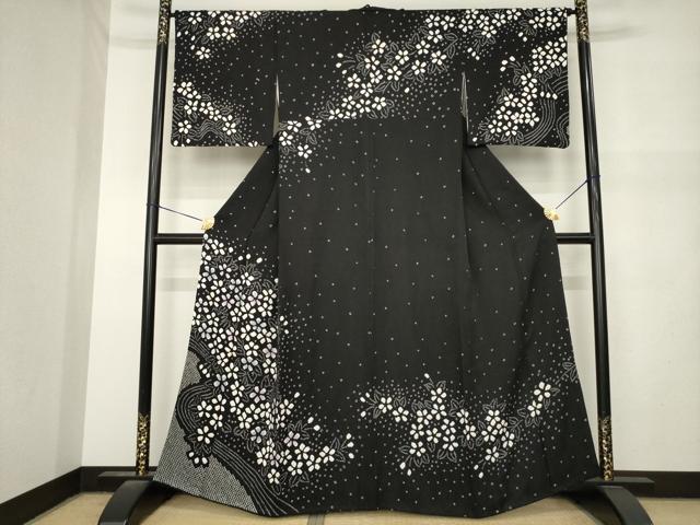 平和屋着物●訪問着 総絞り 流水花文 黒地 正絹 逸品 AABM6697ck