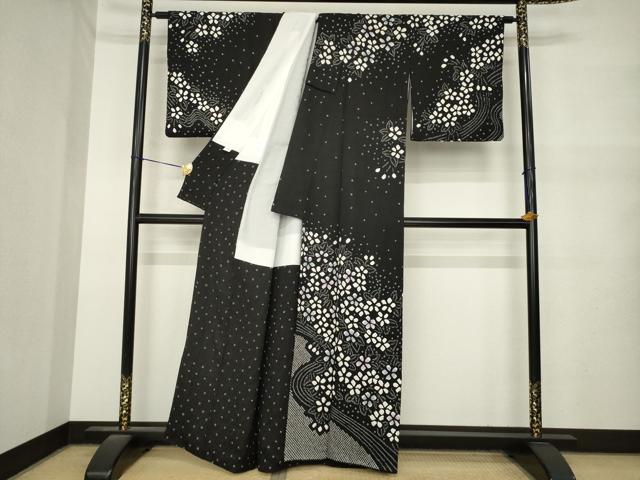 平和屋着物●訪問着 総絞り 流水花文 黒地 正絹 逸品 AABM6697ck