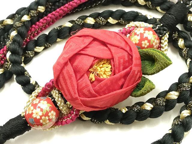 平和屋着物●和装小物 振袖用帯締め 装飾 ちりめん細工 椿 飾り玉 金糸 逸品 AABM6963ay