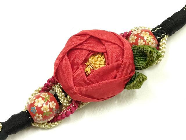 平和屋着物●和装小物 振袖用帯締め 装飾 ちりめん細工 椿 飾り玉 金糸 逸品 AABM6963ay