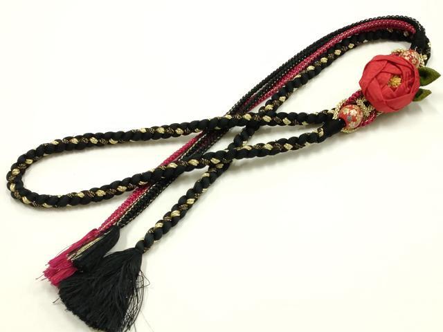 平和屋着物●和装小物 振袖用帯締め 装飾 ちりめん細工 椿 飾り玉 金糸 逸品 AABM6963ay