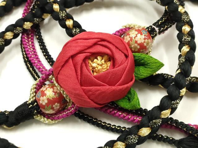平和屋着物●和装小物 振袖用帯締め 装飾 ちりめん細工 椿 飾り玉 金糸 逸品 AABM6967ay