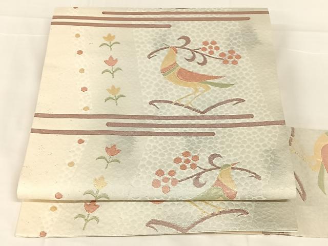 平和屋着物◎九寸名古屋帯 ふくれ織 花鳥文 金糸 正絹 逸品 AABM7026dk