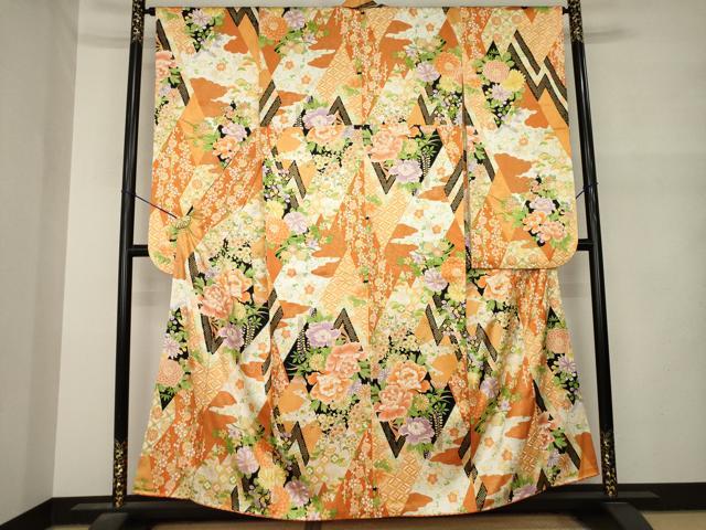 平和屋着物●小振袖 二尺袖 草花文 正絹 逸品 AABM7066ck