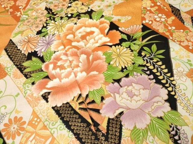 平和屋着物●小振袖 二尺袖 草花文 正絹 逸品 AABM7066ck